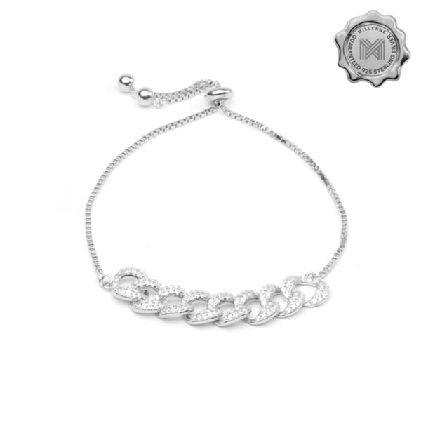 MILLENNE Millennia 2000 Chain Link Studded Drawstring Cubic Zirconia Rhodium Bracelet with 925 Sterling Silver