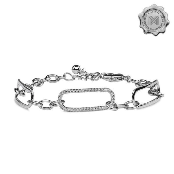 MILLENNE Made For The Night Rectangle Chain Loop Cubic Zirconia Rhodium Bracelet with 925 Sterling Silver