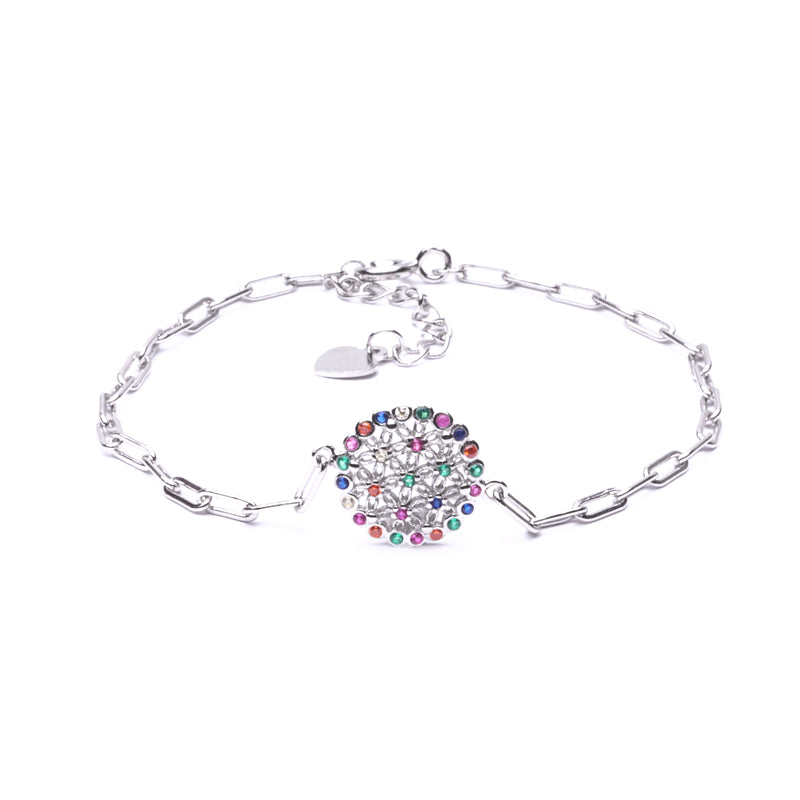 MILLENNE Multifaceted Disc Studded Multicolors Cubic Zirconia White Gold Bracelet with 925 Sterling Silver
