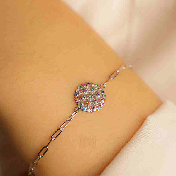 MILLENNE Multifaceted Disc Studded Multicolors Cubic Zirconia White Gold Bracelet with 925 Sterling Silver