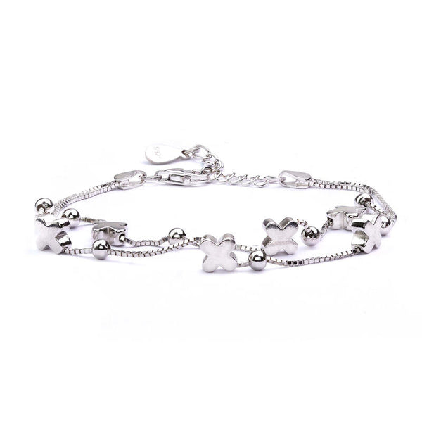 MILLENNE Millennia 2000 Clovers and Beads Double String White Gold Bracelet with 925 Sterling Silver