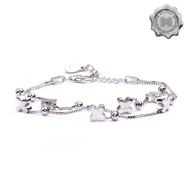 MILLENNE Millennia 2000 Clovers and Beads Double String White Gold Bracelet with 925 Sterling Silver