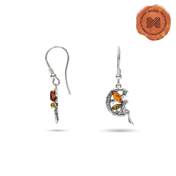 MILLENNE Multifaceted Baltic Amber Fairy Silver Hook Earrings with 925 Sterling Silver