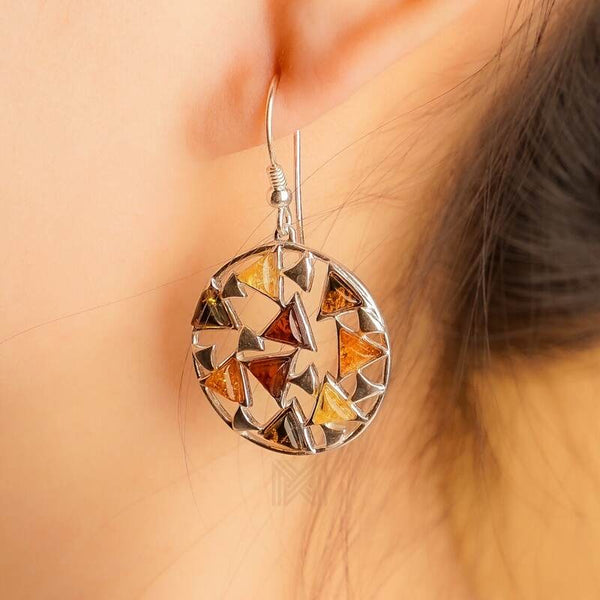 MILLENNE Multifaceted Baltic Amber Mulitple Studded Circular Silver Hook Earrings with 925 Sterling Silver