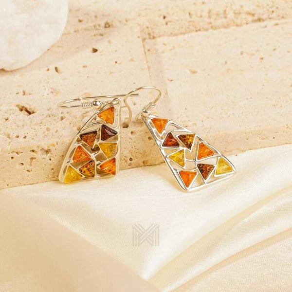 MILLENNE Multifaceted Baltic Amber Mulitple Studded Triangular Silver Hook Earrings with 925 Sterling Silver
