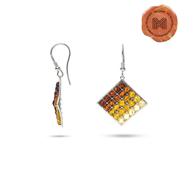 MILLENNE Multifaceted Baltic Amber Square Ombré Silver Hook Earrings with 925 Sterling Silver
