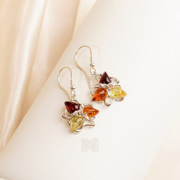 MILLENNE Multifaceted Baltic Amber Triangle Composition Silver Hook Earrings with 925 Sterling Silver