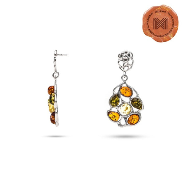 MILLENNE Multifaceted Baltic Amber Pentagon Silver Drop Earrings with 925 Sterling Silver