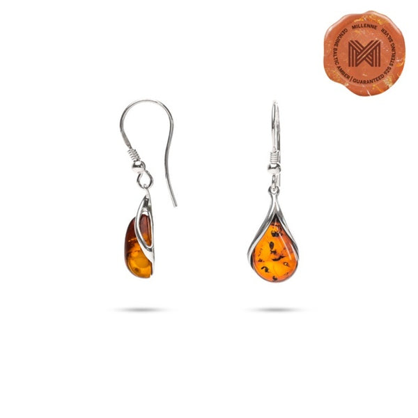 MILLENNE Multifaceted Baltic Amber Droplet Silver Hook Earrings with 925 Sterling Silver