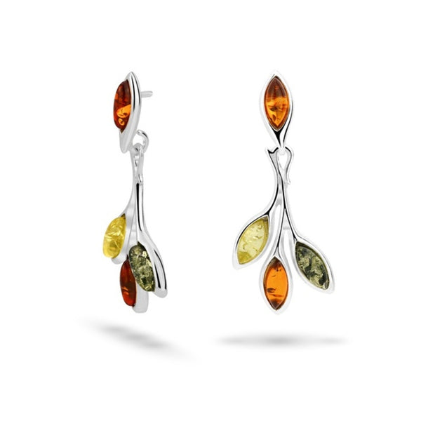 MILLENNE Multifaceted Baltic Amber Branching Leaves Silver Drop Earrings with 925 Sterling Silver
