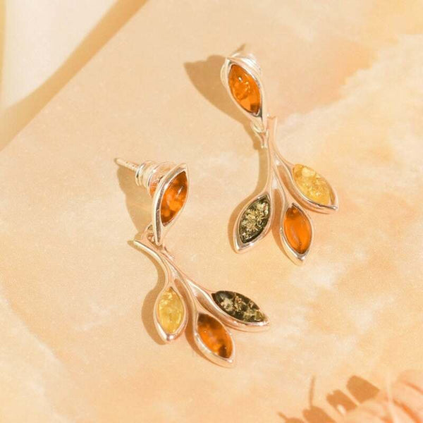 MILLENNE Multifaceted Baltic Amber Branching Leaves Silver Drop Earrings with 925 Sterling Silver