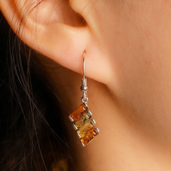 MILLENNE Multifaceted Baltic Amber Xylophone Silver Hook Earrings with 925 Sterling Silver