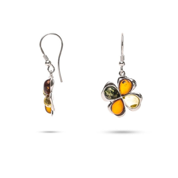 MILLENNE Multifaceted Baltic Amber 4 Leaf Clover Silver Hook Earrings with 925 Sterling Silver