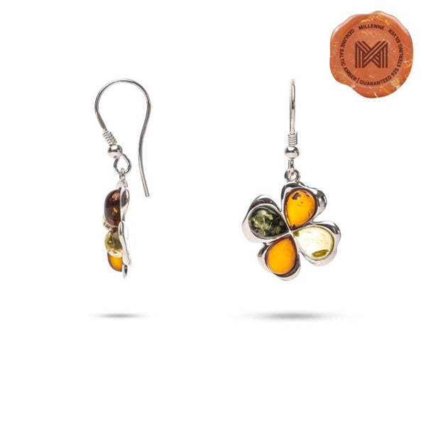 MILLENNE Multifaceted Baltic Amber 4 Leaf Clover Silver Hook Earrings with 925 Sterling Silver