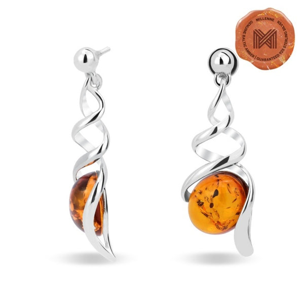 MILLENNE Multifaceted Baltic Amber Spiral Silver Drop Earrings with 925 Sterling Silver