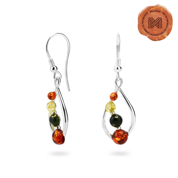 MILLENNE Multifaceted Baltic Amber Curved Oval Silver Teardrop Earrings with 925 Sterling Silver