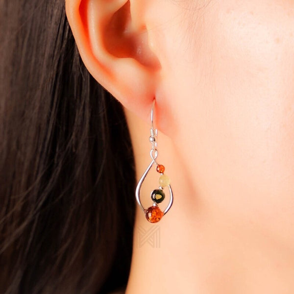 MILLENNE Multifaceted Baltic Amber Curved Oval Silver Teardrop Earrings with 925 Sterling Silver