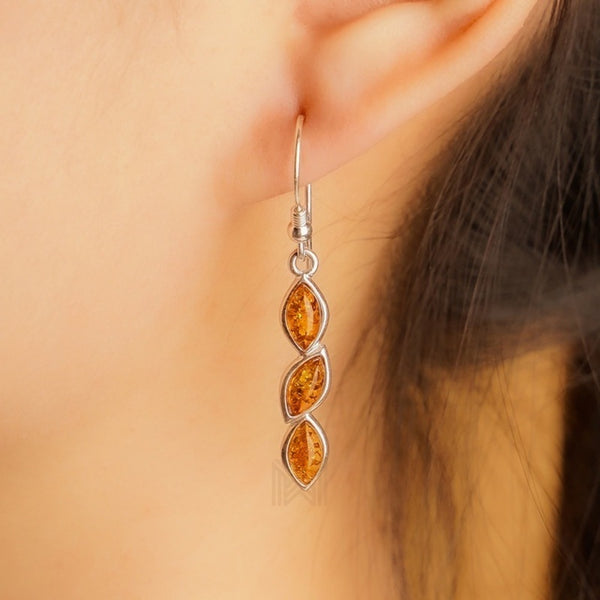 MILLENNE Multifaceted Baltic Amber Nested Drop Silver Dangle Earrings with 925 Sterling Silver