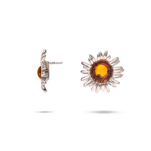 MILLENNE Multifaceted Baltic Amber Daisy Silver Stud Earrings with 925 Sterling Silver
