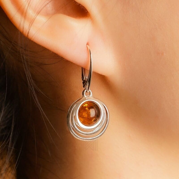 MILLENNE Multifaceted Baltic Amber Srtipe Caged Silver Earrings with 925 Sterling Silver