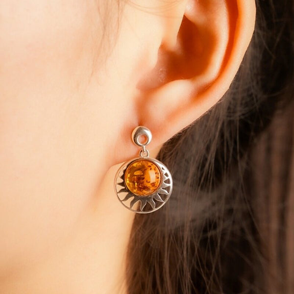 MILLENNE Multifaceted Baltic Amber Sun Silver Earrings with 925 Sterling Silver