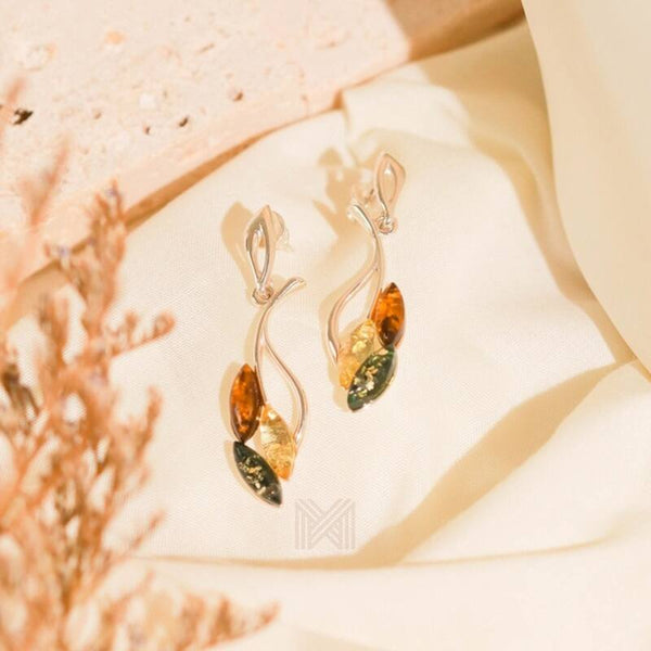 MILLENNE Multifaceted Baltic Amber Leaves of Fall Silver Earrings with 925 Sterling Silver