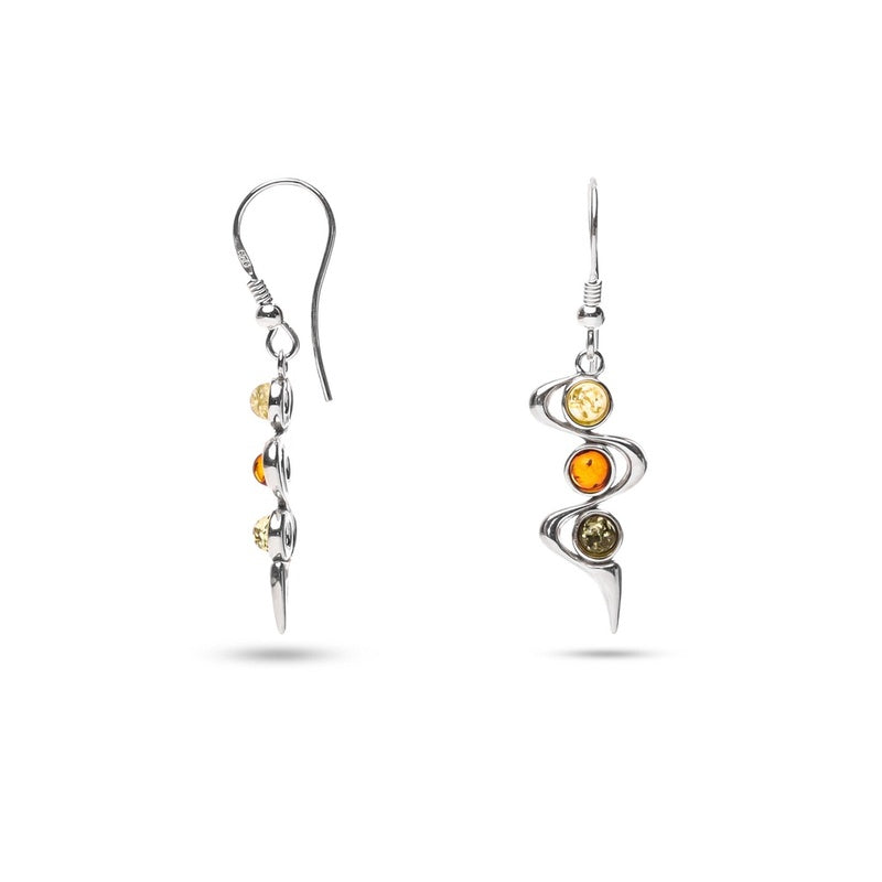 MILLENNE Multifaceted Baltic Amber Ribbon Silver Dangle Earrings with 925 Sterling Silver
