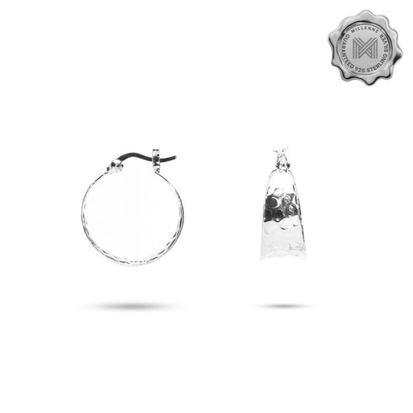 MILLENNE Minimal Hammered Concaved Silver Hoop Earrings with 925 Sterling Silver