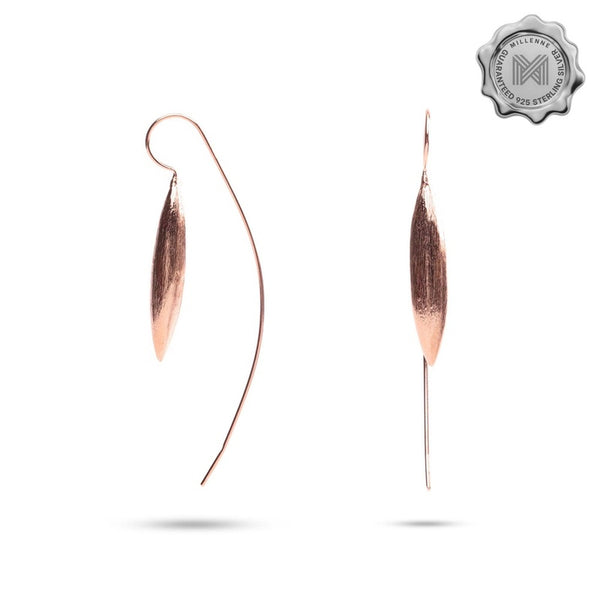 MILLENNE Minimal Brushed Marquise Curve Rose Gold Threader Earrings with 925 Sterling Silver
