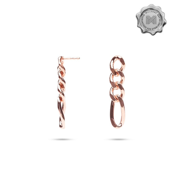 MILLENNE Millennia 2000 Figaro Chain Stud Rose Gold Drop Earrings with 925 Sterling Silver