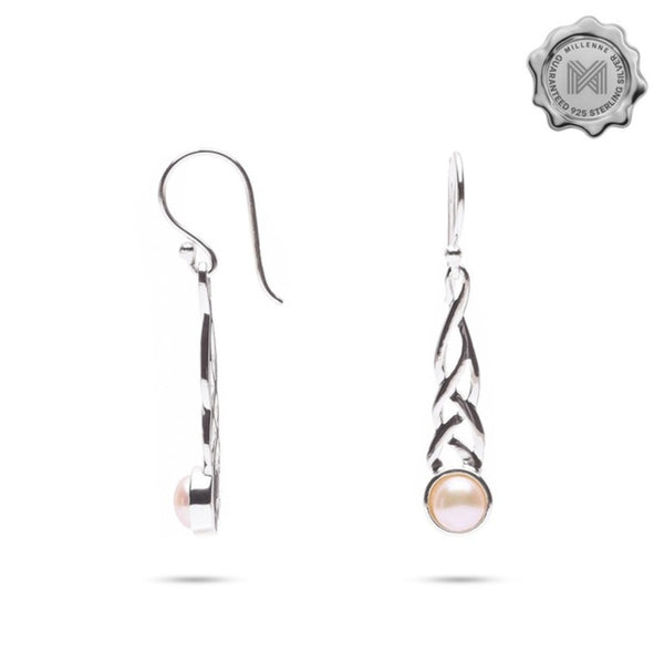 MILLENNE Millennia 2000 Freshwater Pearls Celtic Hook Silver Dangle Earrings with 925 Sterling Silver