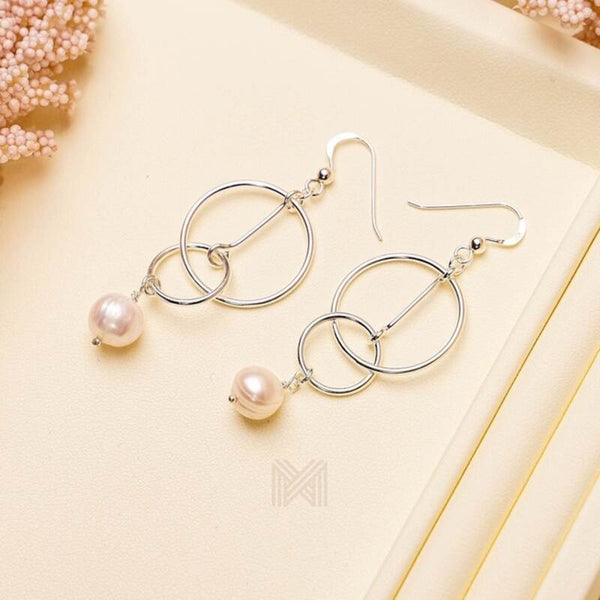 MILLENNE Millennia 2000 Freshwater Pearls Circle Interlock and Bar Beaded Silver Dangle Earrings with 925 Sterling Silver