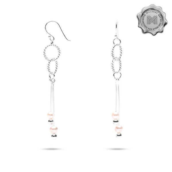 MILLENNE Millennia 2000 Freshwater Pearls Dual Circles and Beaded Silver Dangle Earrings with 925 Sterling Silver