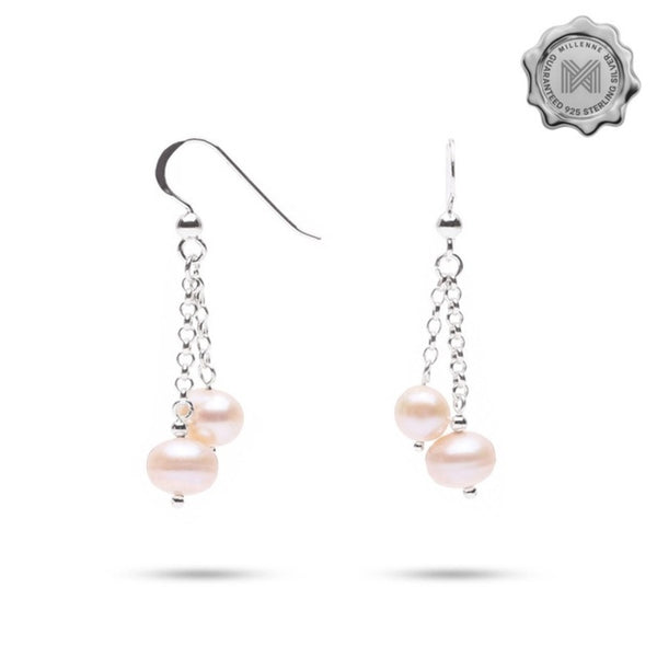 MILLENNE Millennia 2000 Freshwater Pearls Double Beaded Silver Dangle Earrings with 925 Sterling Silver