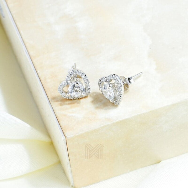 MILLENNE Made For The Night Heart Studded Cubic Zirconia White Gold Stud Earrings with 925 Sterling Silver