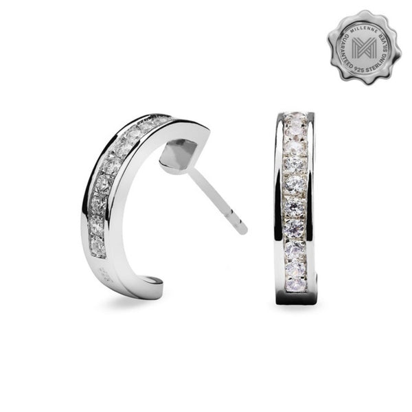 MILLENNE Made For The Night Mini Bezzeled Half Cubic Zirconia White Gold Hoop Earrings with 925 Sterling Silver