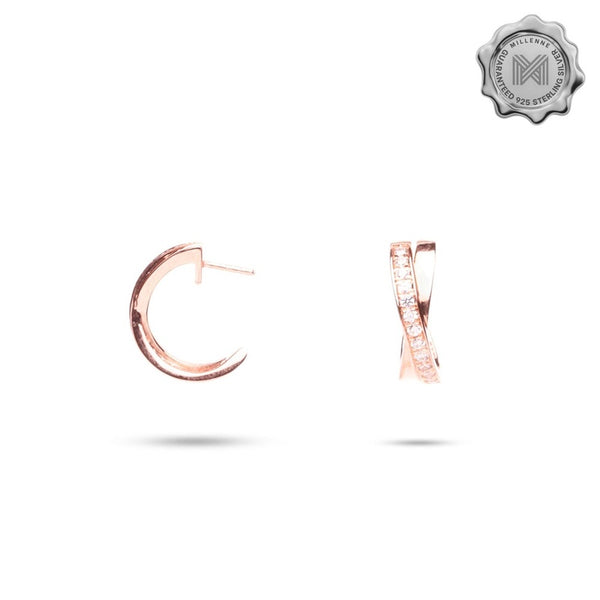 MILLENNE Made For The Night Criss-Crossed Half Cubic Zirconia Rose Gold Hoop Earrings with 925 Sterling Silver