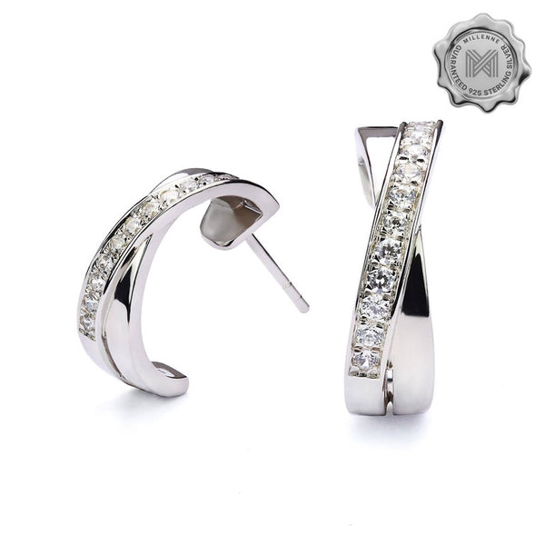 MILLENNE Made For The Night Cris-Crossed Half Cubic Zirconia White Gold Hoop Earrings with 925 Sterling Silver