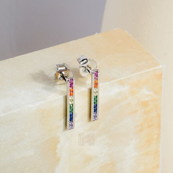 MILLENNE Multifaceted Rainbow Bar Studded Cubic Zirconia White Gold Drop Earrings with 925 Sterling Silver