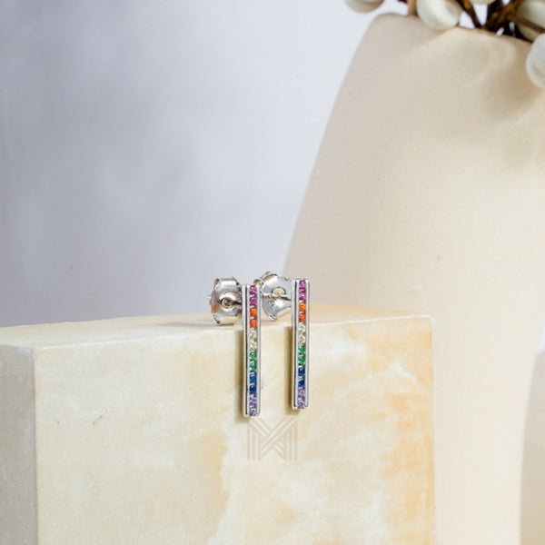 MILLENNE Multifaceted Rainbow Bar Studded Cubic Zirconia White Gold Drop Earrings with 925 Sterling Silver