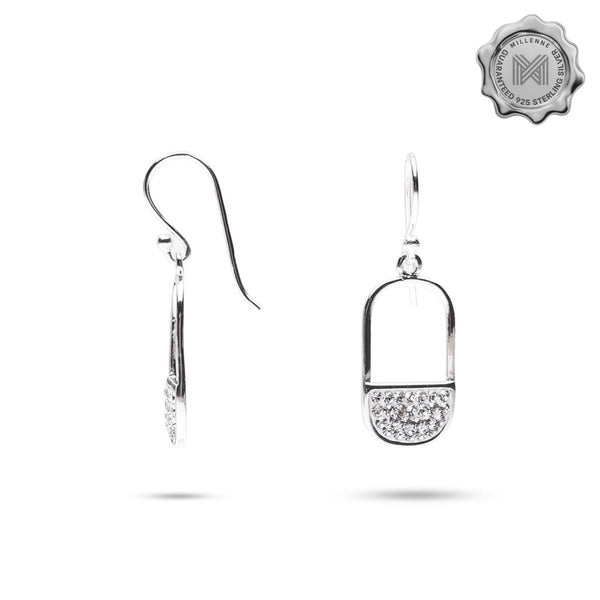 MILLENNE Millennia 2000 Half Elongated Oval Studded Cubic Zirconia White Gold Hook Earrings with 925 Sterling Silver