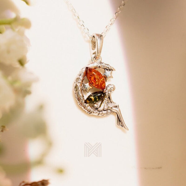 MILLENNE Multifaceted Baltic Amber Fairy Silver Pendant with 925 Sterling Silver