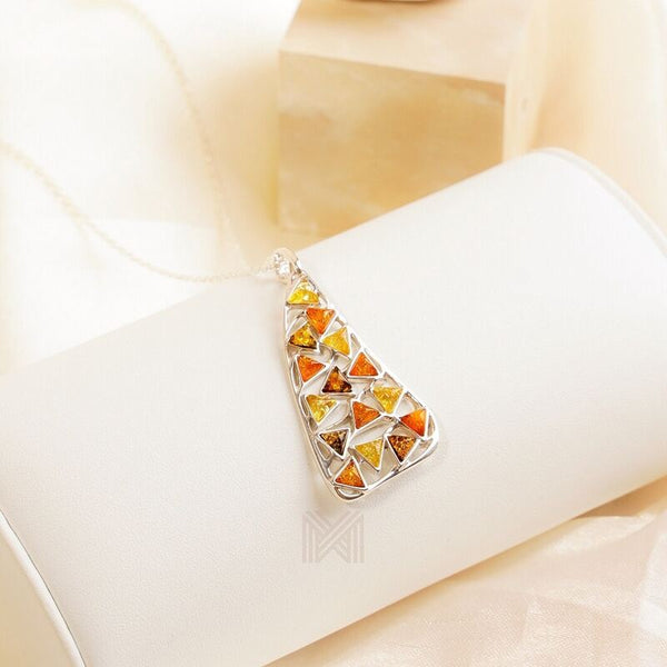MILLENNE Multifaceted Baltic Amber Mulitple Studded Triangular Silver Pendant with 925 Sterling Silver