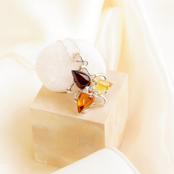 MILLENNE Multifaceted Baltic Amber Triangle Composition Silver Pendant with 925 Sterling Silver