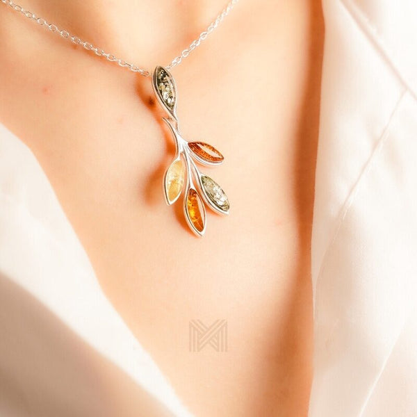 MILLENNE Multifaceted Baltic Amber Branching Leaves Silver Pendant with 925 Sterling Silver