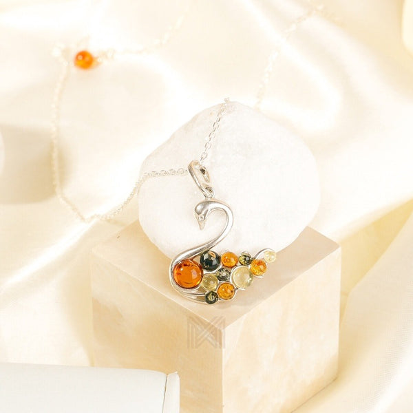 MILLENNE Multifaceted Baltic Amber Swan Lake Silver Pendant with 925 Sterling Silver
