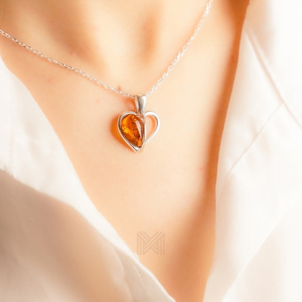 MILLENNE Multifaceted Baltic Amber Half and Half Heart Silver Pendant with 925 Sterling Silver