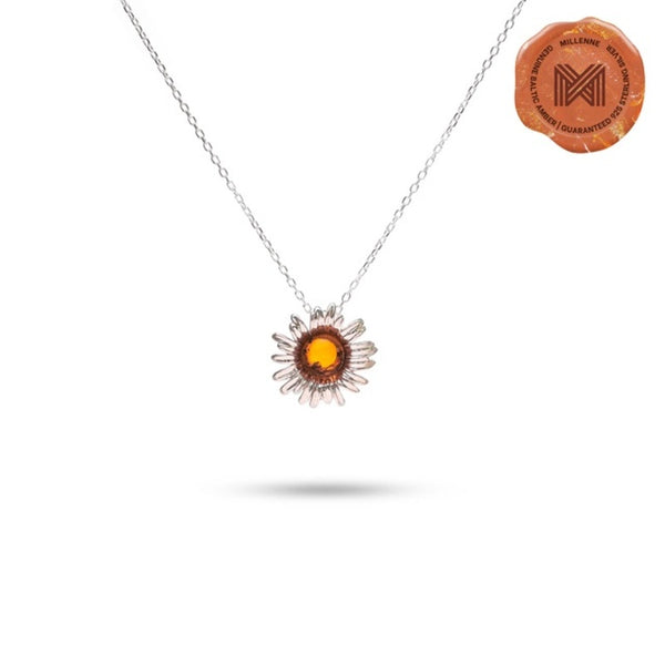 MILLENNE Multifaceted Baltic Amber Daisy Silver Pendant with 925 Sterling Silver