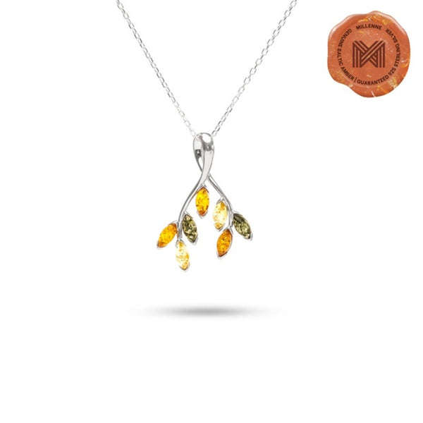 MILLENNE Multifaceted Baltic Amber Leaves of Fall Silver Pendant with 925 Sterling Silver