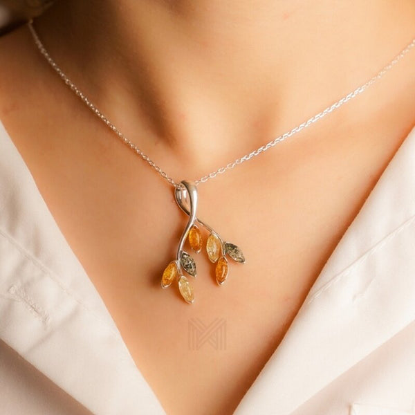 MILLENNE Multifaceted Baltic Amber Leaves of Fall Silver Pendant with 925 Sterling Silver